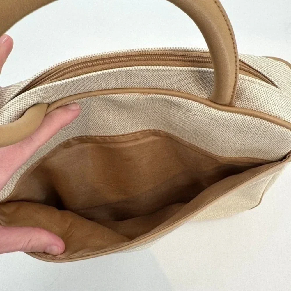 Vintage Faux Canvas Organizer Satchel Bag‎ Tan Cream Multi Pocket Briefcase